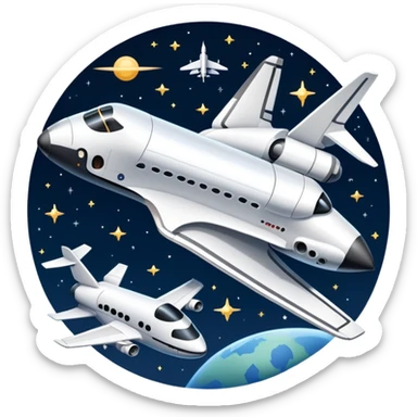 An icon featuring a space shuttle, a drone, and an airplane against a starry sky, symbolizing aerospace technology. The design includes rocket boosters and satellite orbits, representing the exploration of space and advanced aviation. Transparent background sticker