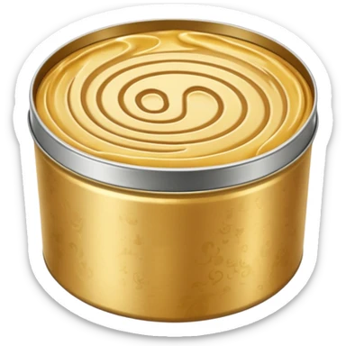 round metal tin, slightly open, with glossy golden wax inside, soft swirls on surface, no extras, soft lighting, subtle shadows, emoji scale sticker