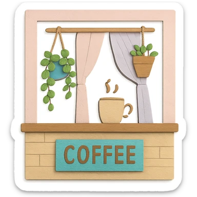 cute coffee shop window with hanging plants and pastel curtains, hand-drawn style sticker
