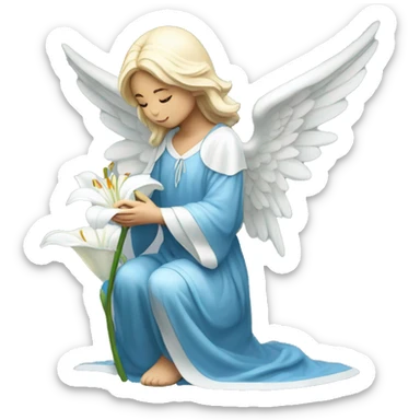 Angel in blue robe kneeling holding white lily sticker