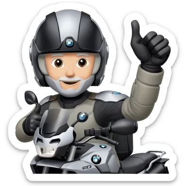 bmw gs  silver 1200 rider with grey hair giving a thumbs up with a black helmet sticker
