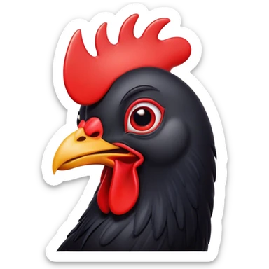 Cinematic Comical Black Chicken Portrait Emoji, Head tilted dramatically with an exaggeratedly amused expression, featuring a sleek, glossy black plumage with a bold red comb, wide, expressive beady eyes filled with playful disbelief, Simplified yet hilariously expressive features, highly detailed, glowing with a slightly sassy glow, high shine, dramatic yet playful, stylized with an air of cheeky mischief, bright and endearing, soft glowing outline, capturing the essence of a spirited and over-the-top chicken, so meme-worthy it feels like it could cluck its way into internet fame instantly! sticker