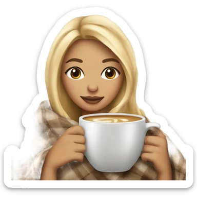 Beautiful woman,Blonde balayage hair, sipping coffee under blanket in bed sticker