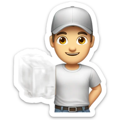 Pale skinned fit Man with dark brown hair in a white cap, gray jeans and gray polo T-shirt keeping a pasted box into his hands sticker