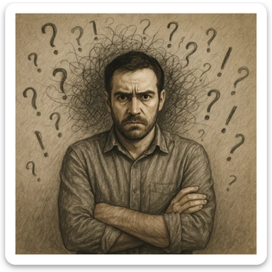 Realistic or illustrative style image of a 30-year-old man suffering from anxiety, inspired by the reference image. The man is standing with crossed arms and a tense gaze. The background features symbols of anxiety and confusion, conveying an atmosphere of mental tension. sticker