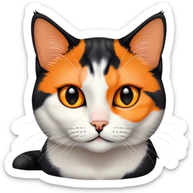 American shorthair calico cat with black fur on the right side of their face and orange on the left side sitting down sticker