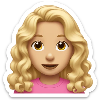 Blonde girl with wavy hair wearing a pink shirt with a blonde cocker spaniel sticker
