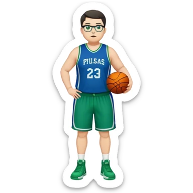 Full Body plus size white male with dark short hair basketball player wearing glasses wearing blue green uniform sticker
