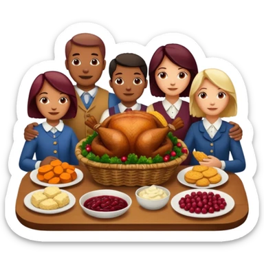 Thanksgiving Dinner with 10 people of different skin color around the table; have the food be a cooked turkey, mashed potatoes, corn, a basket of biscuits, a small bowl of cranberry sauce, baked yams, steamed vegetables, and a bottle of wine. sticker