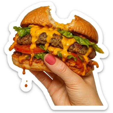 a messy sandwich with a bite taken out, hand with pink fingernails holding it sticker