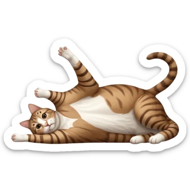 brown tabby and white cat with doing a big extremely long stretch reaching up into the air with arms and legs side by side together straight and overextended whilst lying on its side sticker