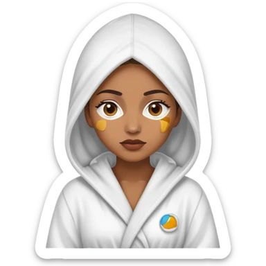 Light brown skin woman wearing hooded bath robe covering hair with under eye patches on sticker