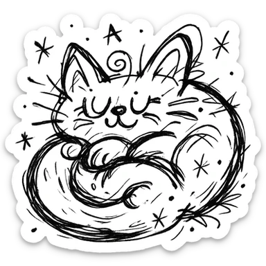 chaotic outlined icon of a cute cat curled up and purring, with exaggerated, whimsical features sticker