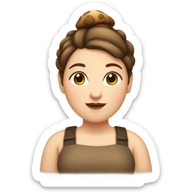 Chubby girl with brown hair in a bun with a mushroom sticker