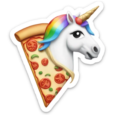 Generate an emoji of a pizza slice with a unicorn horn and rainbow mane sticker