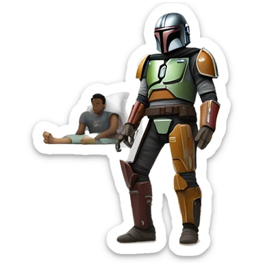 Mandalorian standing on a bed with a sick software developer in it. sticker