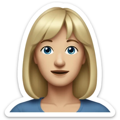 widow with blonde, shoulder length hair with bangs all across forehead, blue eyes,  60 years old, 180 pounds sticker