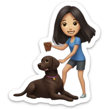 Chocolate labrador playing with woman long black hair sticker
