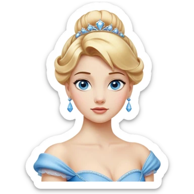 Cinematic Realistic Noble Cinderella Portrait, depicted with porcelain skin rendered in lifelike detail and soft, natural lighting that highlights every delicate nuance. Her intricately styled golden-blonde hair is arranged in an elegant updo, and her deep, expressive blue eyes radiate quiet determination. She wears her classic ball gown with rich fabric textures and delicate folds catching the light beautifully, all set against a subtly glowing, natural background that captures the essence of timeless royal grace. sticker