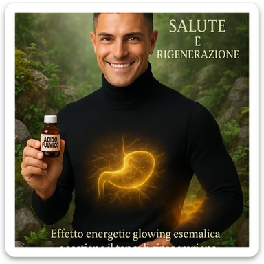 Uomo con il viso del riferimento, tiene una boccetta 'acido fulvico', energia luminosa su addome e fegato, ambiente naturale, minerali e piante, atmosfera rigenerante, testo in italiano. sticker