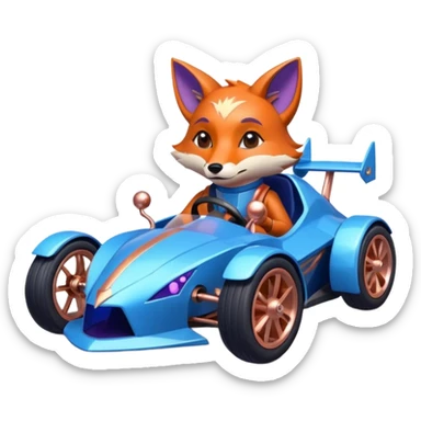 dark crystal blueberry and rosegold-accented cyber faceted-body electric racing car driven by a small cute but relaxed fox with rear spoiler, roll bar, and wheely bar sticker