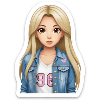 hime gyaru girl, tattoos, long straight hair, white v neck tee with grunge jean jacket sticker