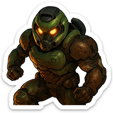 doom slayer, stylized helmet, glowing eyes, dynamic stance, sci-fi style, dramatic lighting sticker