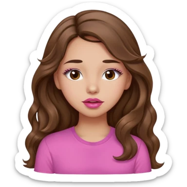 girl with long wavy brown hair, brown eyes, light to medium complexion, in a pink shirt, pink lips, long lashes, puckering up for a kiss, kiss lips sticker