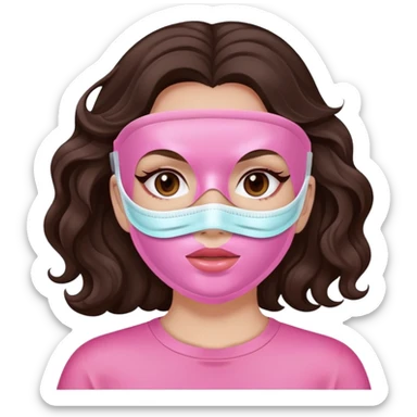A white girl with long dark brown wavy hair and a pink cosmetic mask on her face sticker