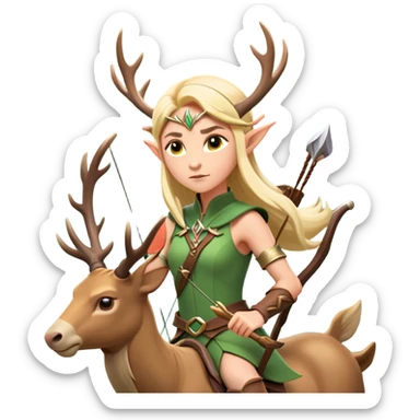 clash-of-clans-aesthetic-blond-elf-archer-portrait-emoji, rendered in a flat, vector-style with minimal shading and bold, simplified shapes, head tilted slightly forward with a determined, focused expression, riding a majestic stag whose luminous antlers glow with mystical energy, set against an ancient, enchanted forest backdrop. sticker