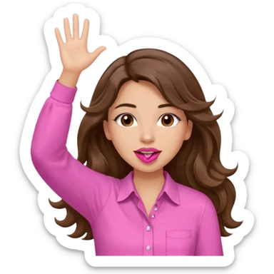 girl with long wavy brown hair, brown eyes, light to medium complexion, in a pink shirt, pink lips, long lashes, puckered lips, both hands all the way upin the air cheering sticker