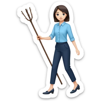 female smart light blue blouse, dark trousers, shoes. one hand holding a stick sticker