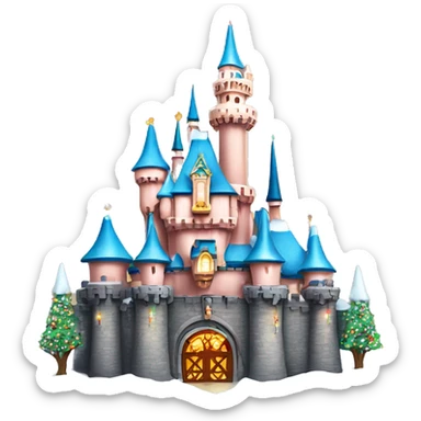 Disneyland park castle with snow and Christmas lights and other decorations on it sticker