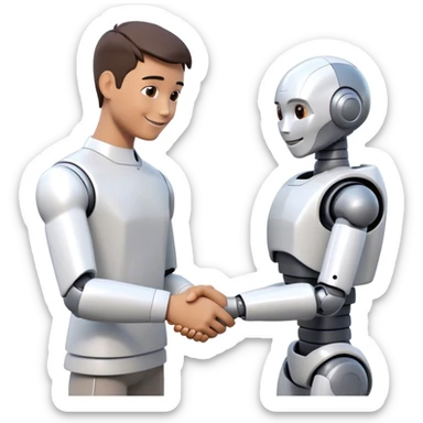 Futuristic emoji: a man and a humanoid robot shaking hands in a friendly manner. The man is smiling, and the robot looks friendly. Minimalistic background, 3D style, realistic details sticker