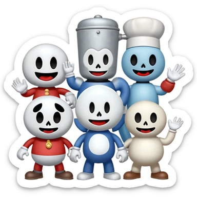 All Cuphead characters and a mega all bosses and all mega casino bosses and Cuphead ghost and Mugman tells elder kettle but elder kettle was dead and Mugman sticker