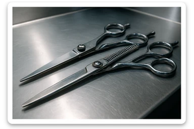 A set of professional barber scissors lies on a stainless steel workbench, gleaming under the bright lights. The blades are sharp and precise, with smooth handles showing signs of frequent use, ready for the next cut sticker