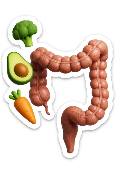 emoji stile iphone in 3d di cibo sano che fluttua in aria vericalmente insieme a pezzi di colon umano anatomico, iperrealistico 4k sticker