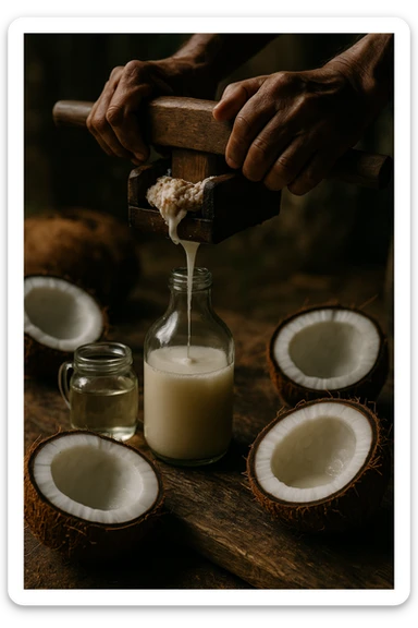 realistic vertical 2:3 image of organic coconut oil extraction process, showing opened coconuts, manual or press squeezing, and pure oil being extracted. Cinematic style, natural details, no text. sticker