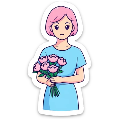 girl wearing pastel blue clothes holding a bouquet of pink flowers sticker