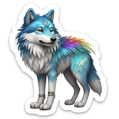 Fluffy Shy Colorful Spiritual Shamanic Wolf With Shiny Tribal Markings wearing feathers Full Body sticker