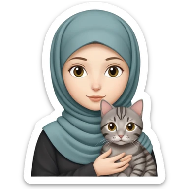 White girl wearing  hijab holding a black grey tabby cat sticker
