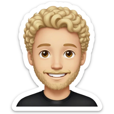 Person smiling, in black collar tshirt. Slight curls, very light beard of 2 days sticker