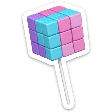 Pastel cube lollipop with stacked blocks in pink, purple, blue, and cyan. Textured, voxel-style, on a white stick. sticker