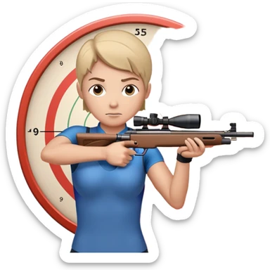 An athlete in shooting stance, focused on the target, holding a precision rifle. The background features a shooting range with targets set at various distances, highlighting control, concentration, and accuracy in the sport of competitive shooting. sticker