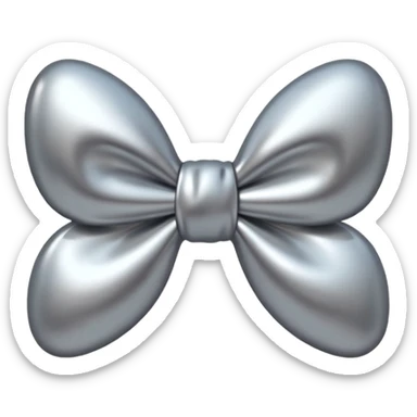 A cute bow emoji made of polished silver chrome, smooth rounded loops, glossy metallic surface, soft mirror reflections, subtle highlights, minimal and adorable proportions, iOS emoji style, centered composition, clean white background, soft studio lighting, no text, no outline, ultra high quality sticker