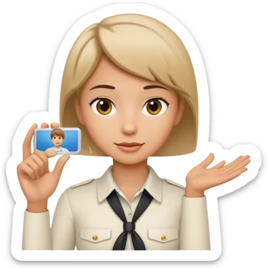 A young short-haired female tour guide wore a white shirt and showed everyone her license, which was horizontal. sticker
