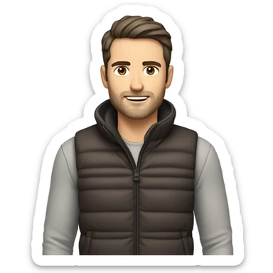 a white man with dark brown hair and stubble in a sport gilet  sticker