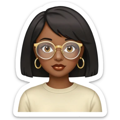 Dark Black girl with black shoulder length bob with layers. She wears clear glasses and has on small gold hoop earrings and lipgloss. Shes also wearing a cream colored crew neck shirt sticker