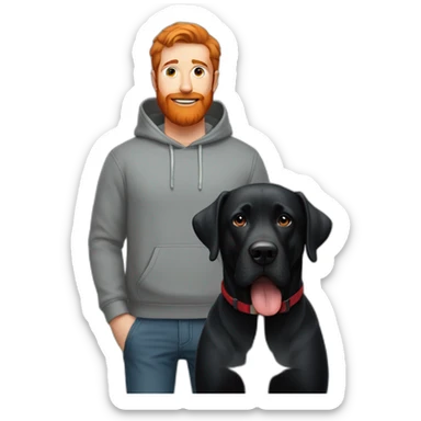 a man in a grey hoodie with a red beard, standing next to a black Labrador sticker
