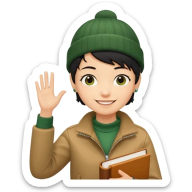 tan skin, non binary man with pixie cut black hair, wearing brown jacket and dark green beanie, smiling , holding up  book  sticker